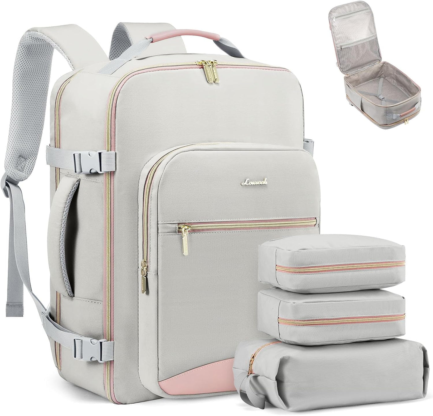 LOVEVOOK Mochila de viaje de 40L aprobada para vuelo, 3 cubos de em...