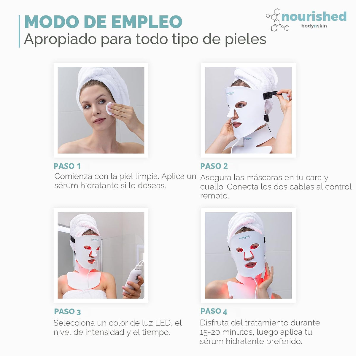 Nourished Bodynskin Máscara facial y cuello con terapia de luz LED,...