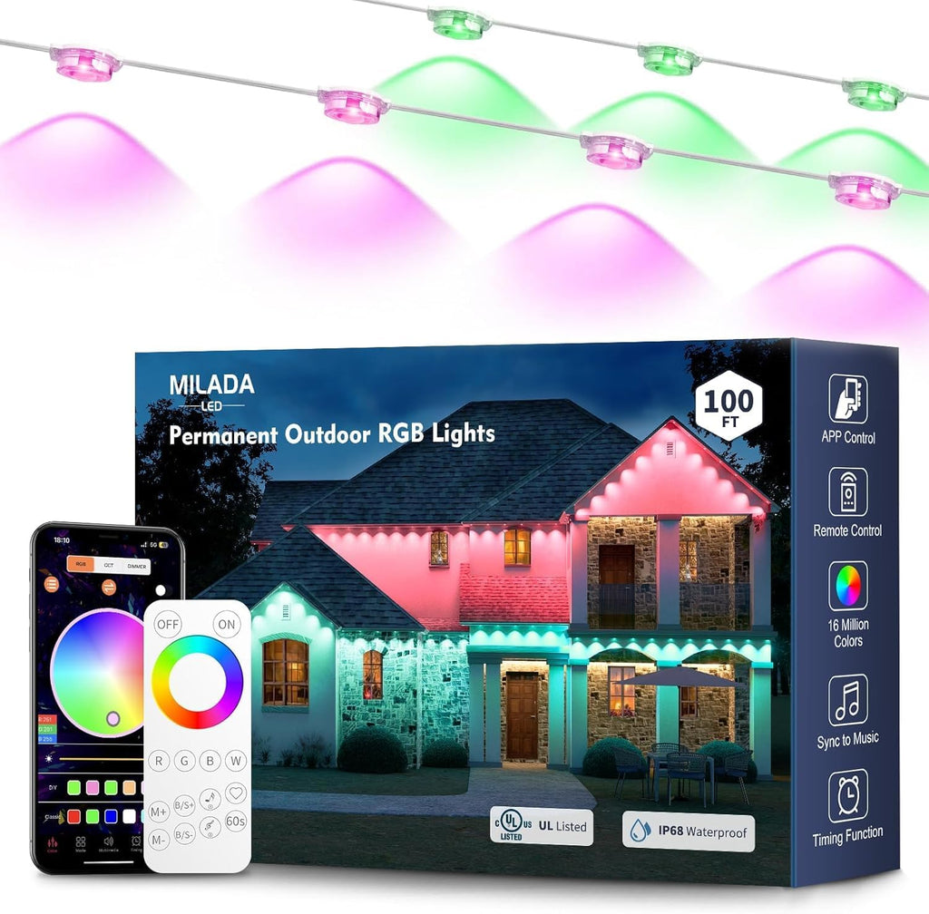 MILADALED Luces exteriores permanentes RGB 100FT\/50LED Cadena de a...
