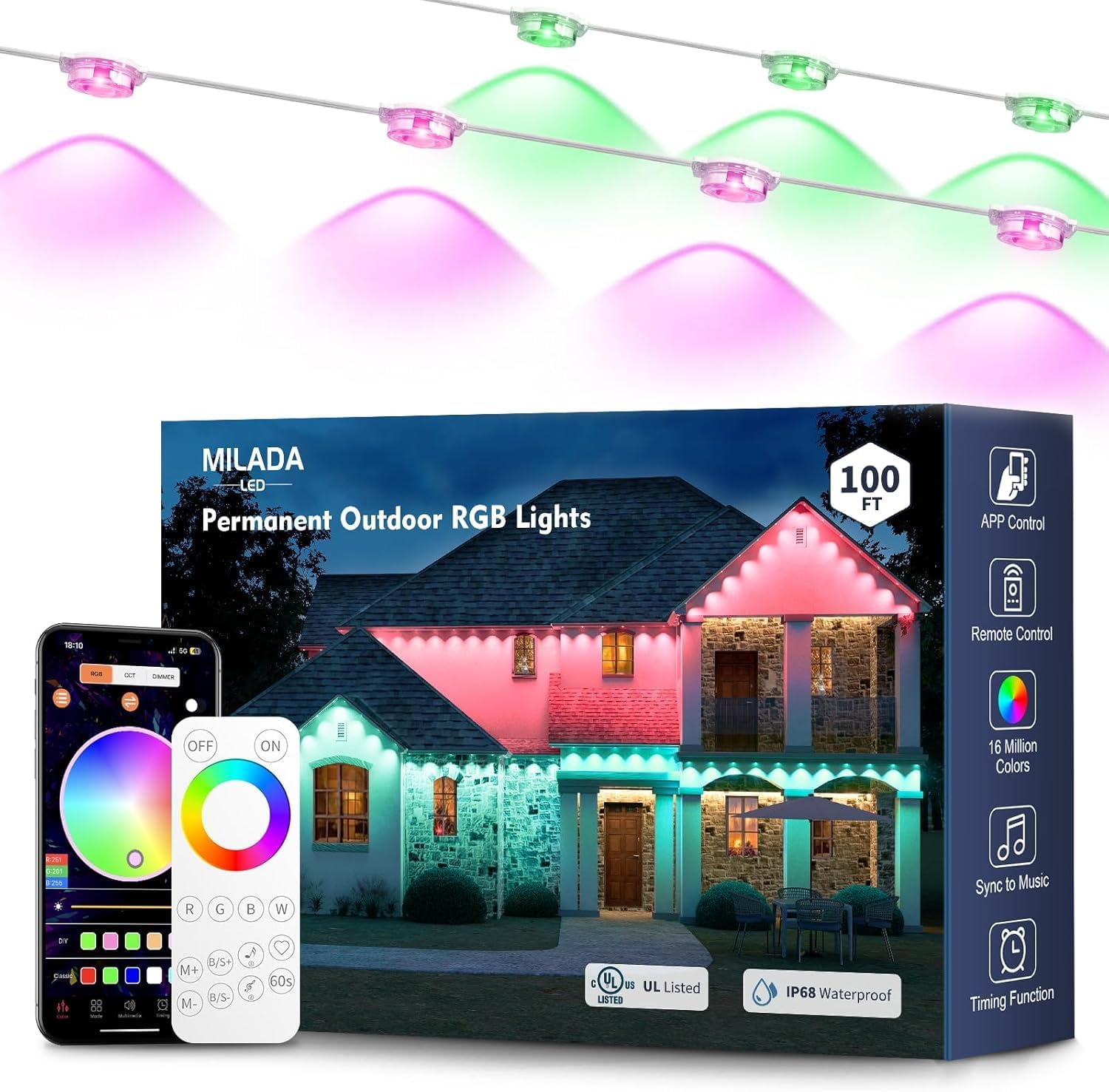 MILADALED Luces exteriores permanentes RGB 100FT\/50LED Cadena de a...