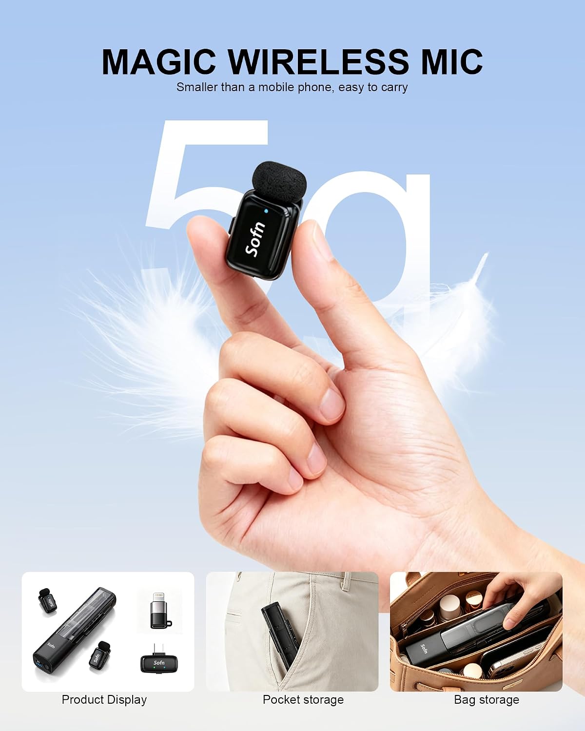 Sofn Magic Mini micrófono Lavalier inalámbrico 3 en 1 para iPhone y...