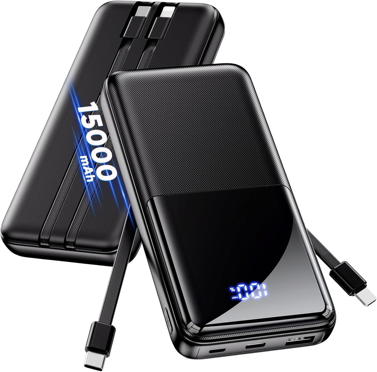 CFIAI Cargador portátil 15000mAh Slim Power Bank con cables integra...