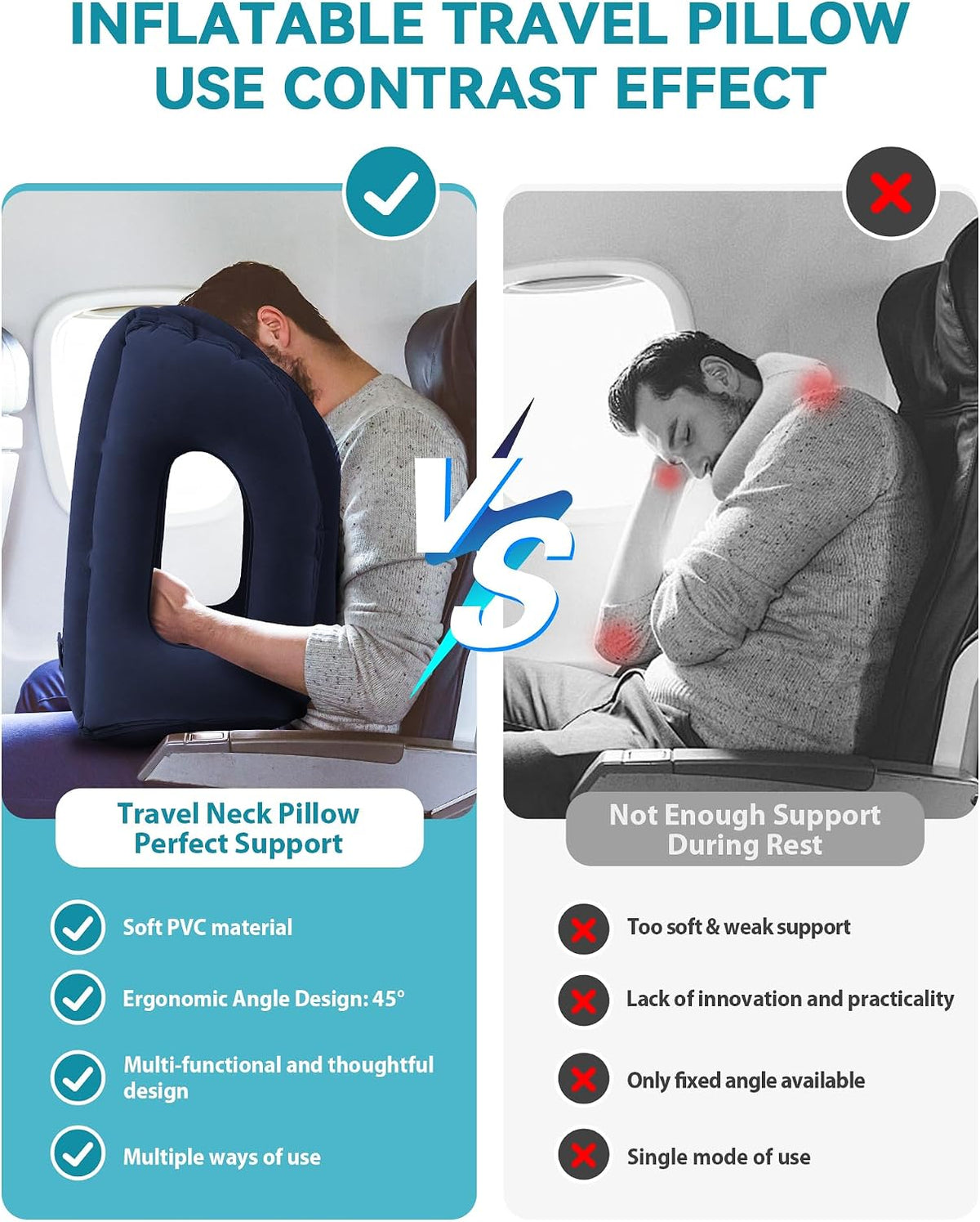 JefDiee Almohada de viaje, almohada inflable de avión para dormir p...