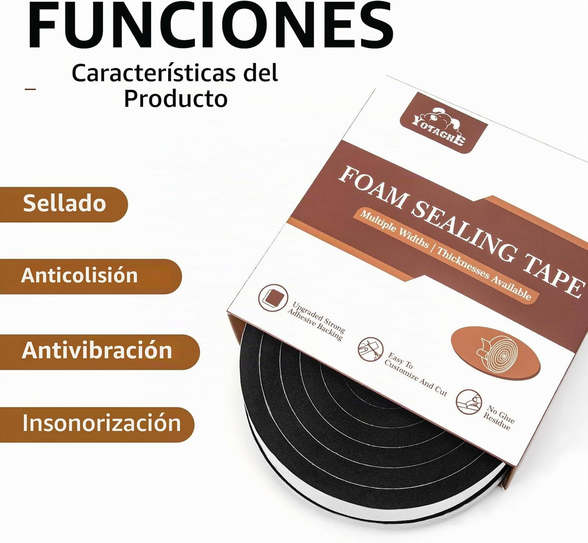 Yotache 2 rollos de cinta aislante de espuma de 1 pulgada x 3\/8 pu...