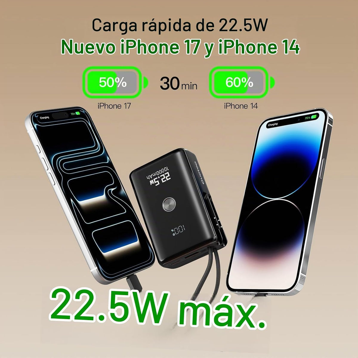 Cargador portátil de nanotecnología 10000mAh con 2 cables incorpora...