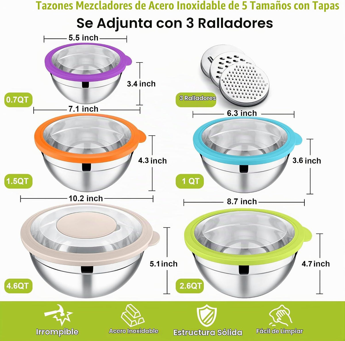 E-far - Juego de cuencos para mezclar con tapas de 5 piezas, cuenco...