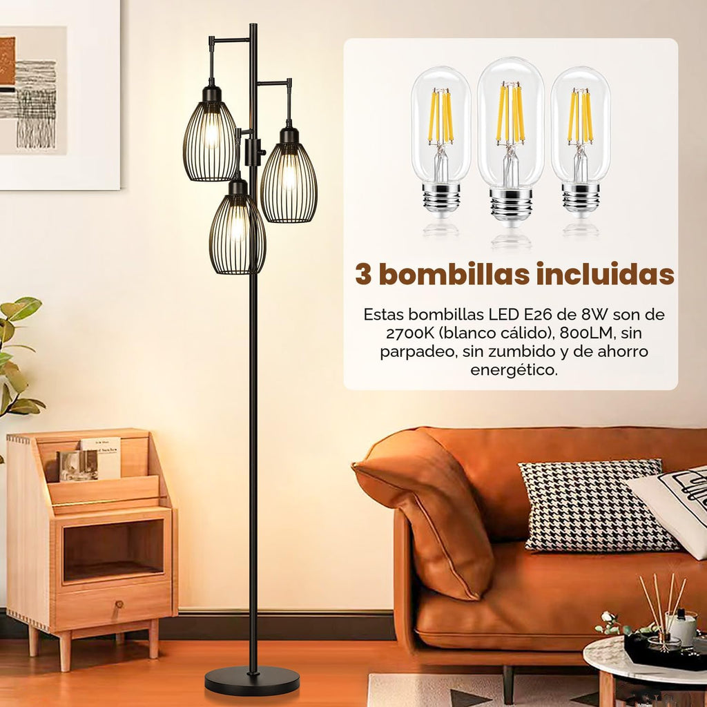 Lámpara de pie regulable, 3 bombillas LED Edison de 800LM incluidas...