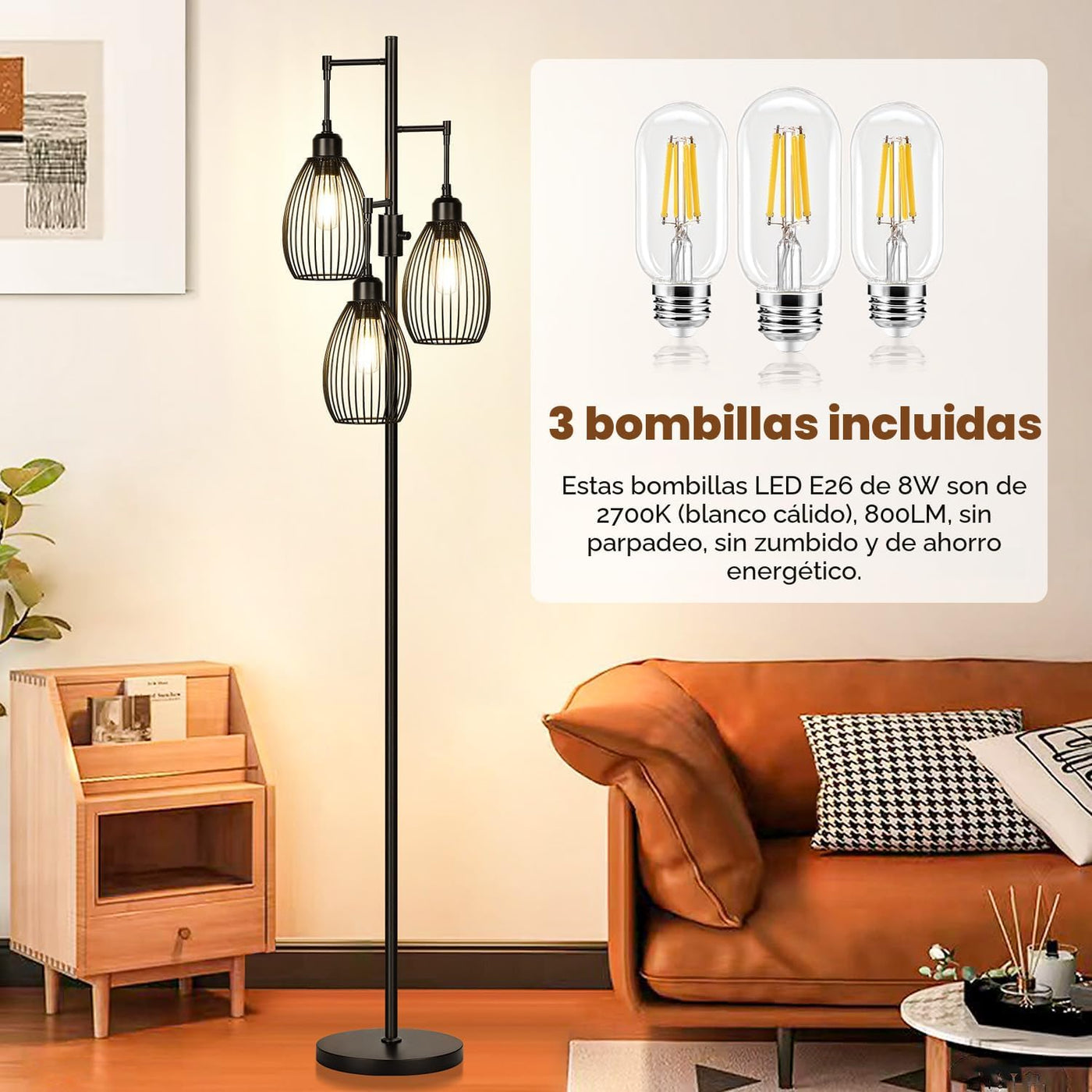 Lámpara de pie regulable, 3 bombillas LED Edison de 800LM incluidas...