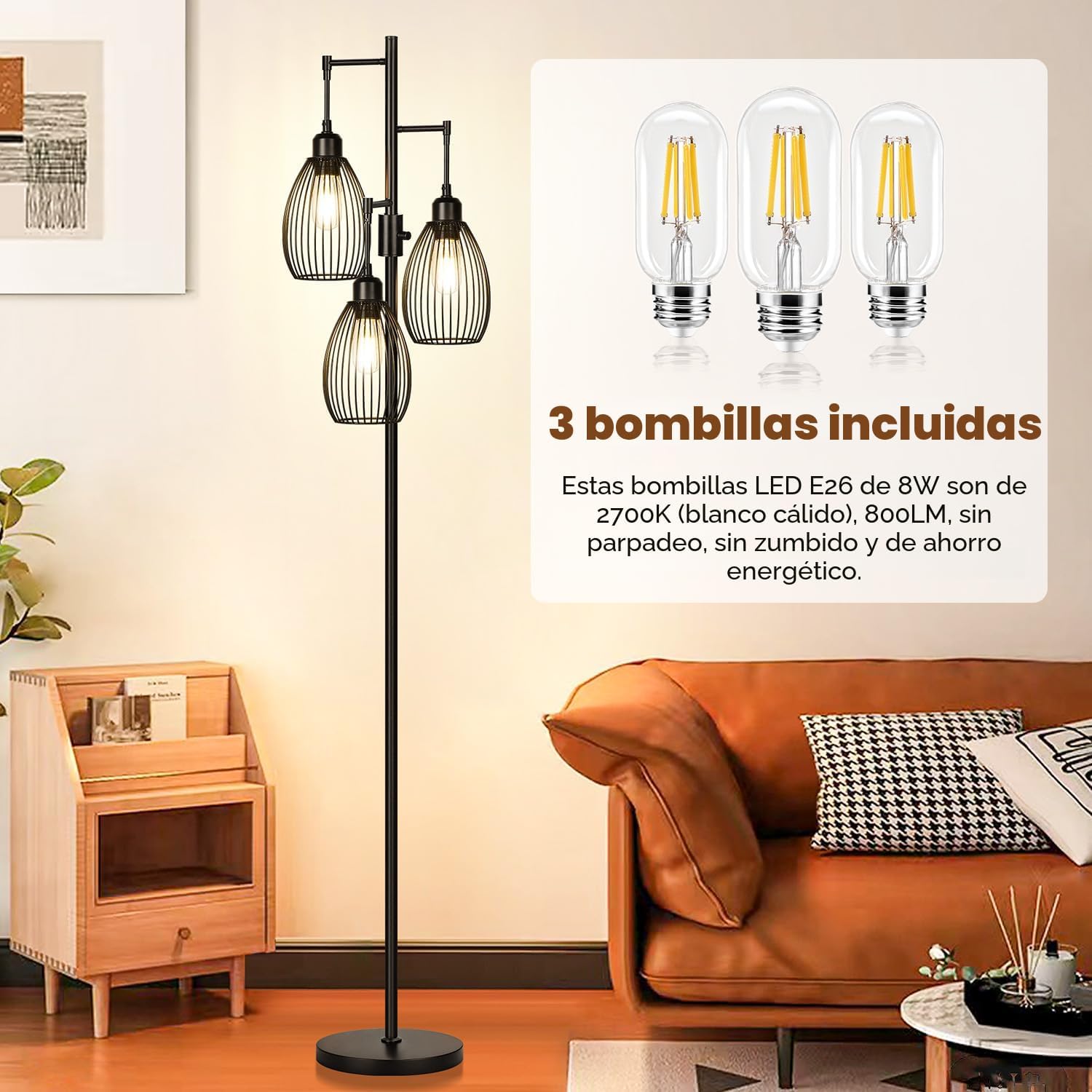 Lámpara de pie regulable, 3 bombillas LED Edison de 800LM incluidas...