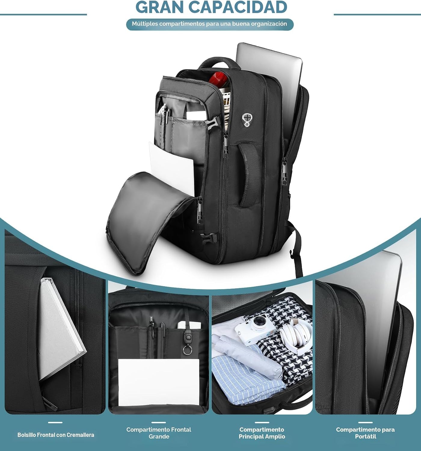 AREYTECO - Mochila de viaje de 50L, mochila extra grande expandible...