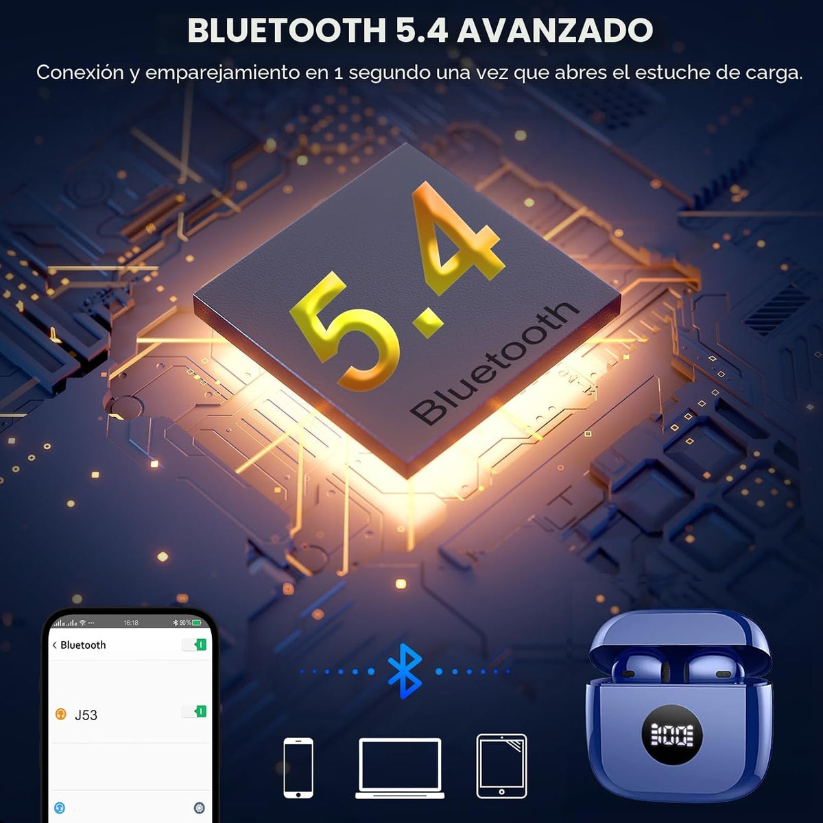 Auriculares inalámbricos, Bluetooth 5.4, auriculares con pantalla L...