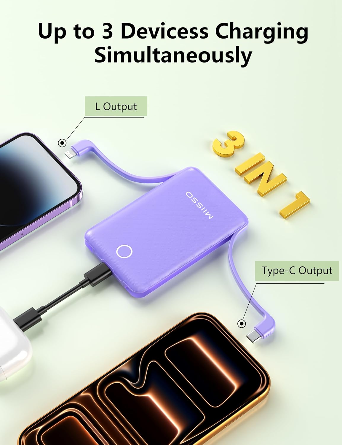 miisso 10000mAh - Cargador portátil con cable integrado, color mora...