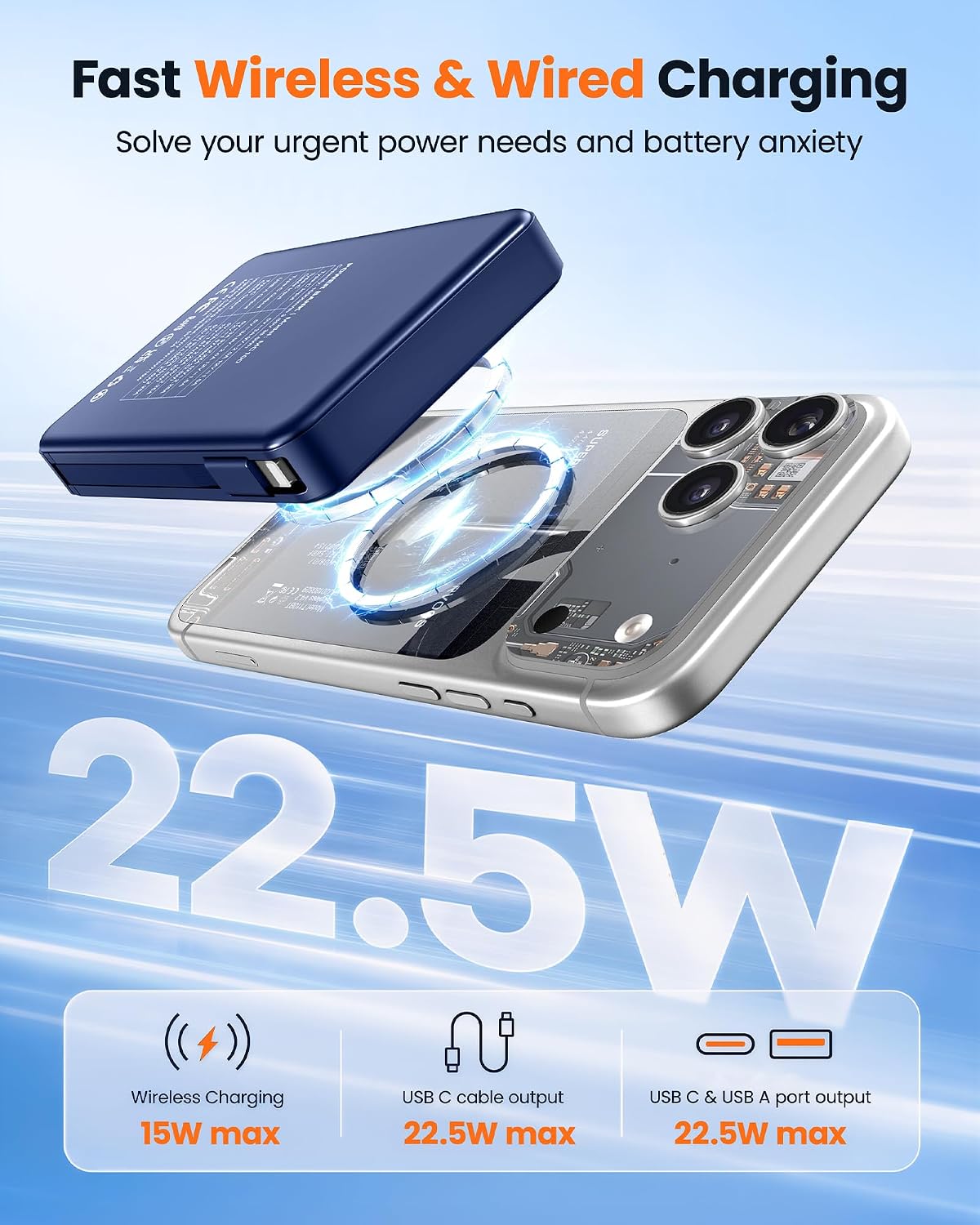 RONEGN Batería magnética delgada de 10,000 mAh con cable incorporad...