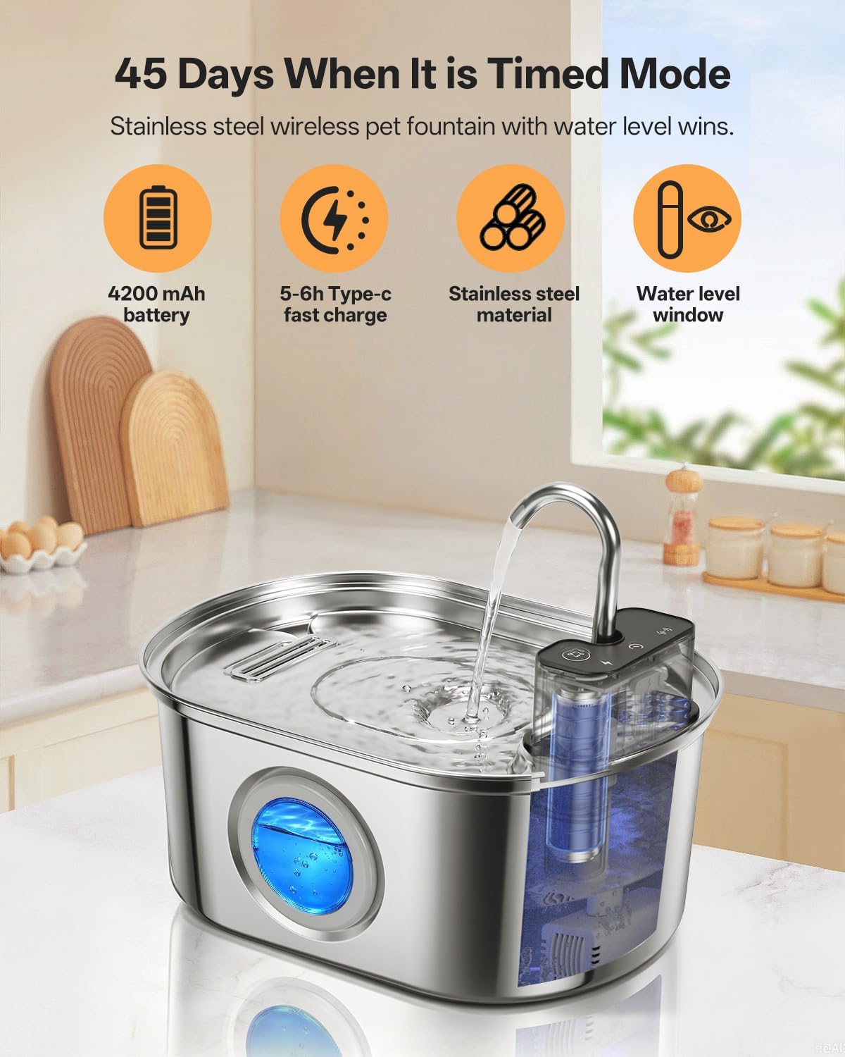VinDox Fuente de agua inalámbrica de acero inoxidable para gatos, f...