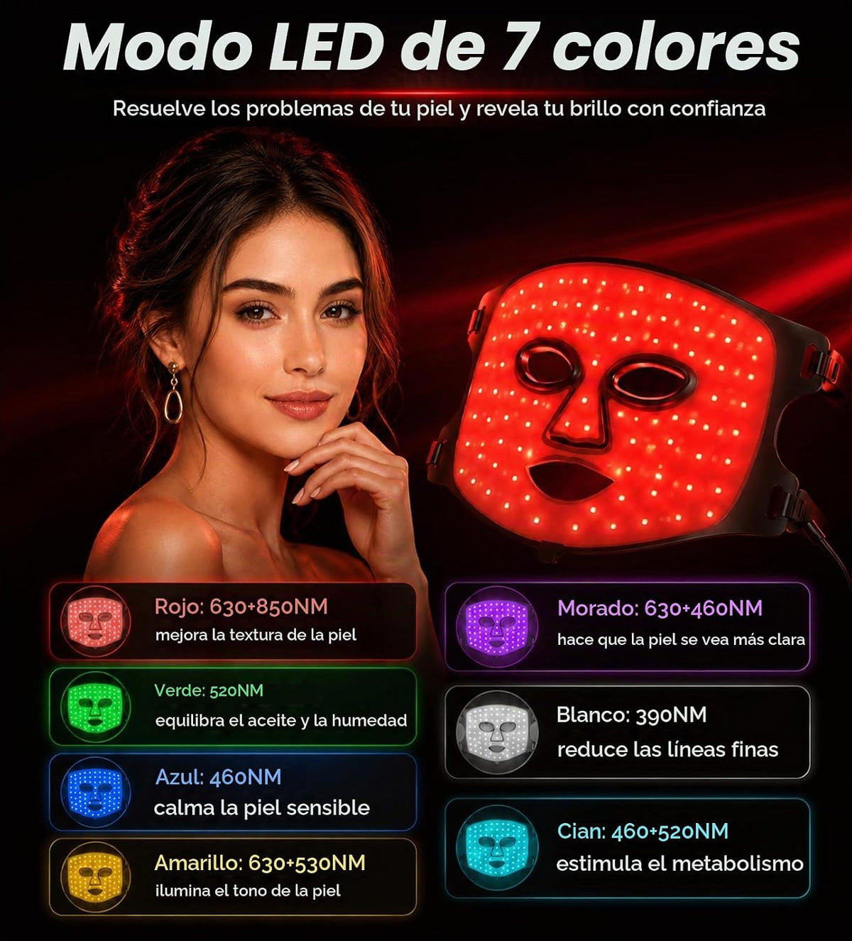 Máscara de terapia de luz roja para cara, inalámbrica de 7 colores...