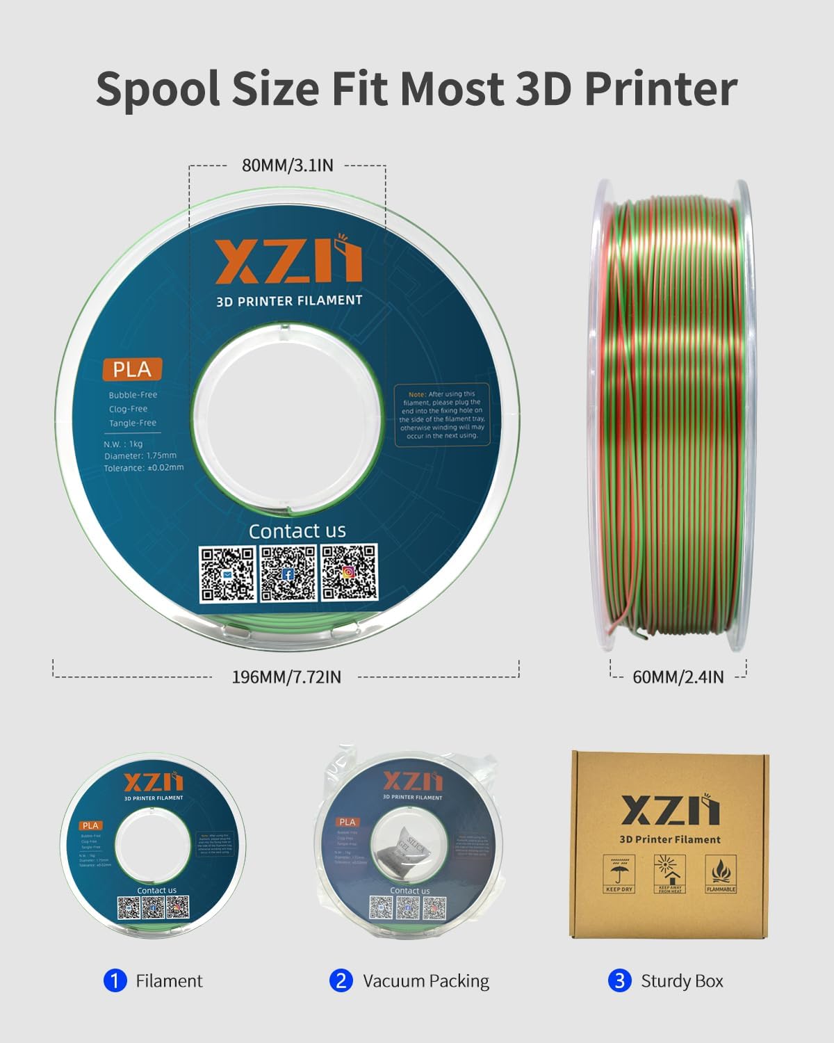 XZN - Filamento PLA de seda de 1,75 mm de doble color verde y rojo...