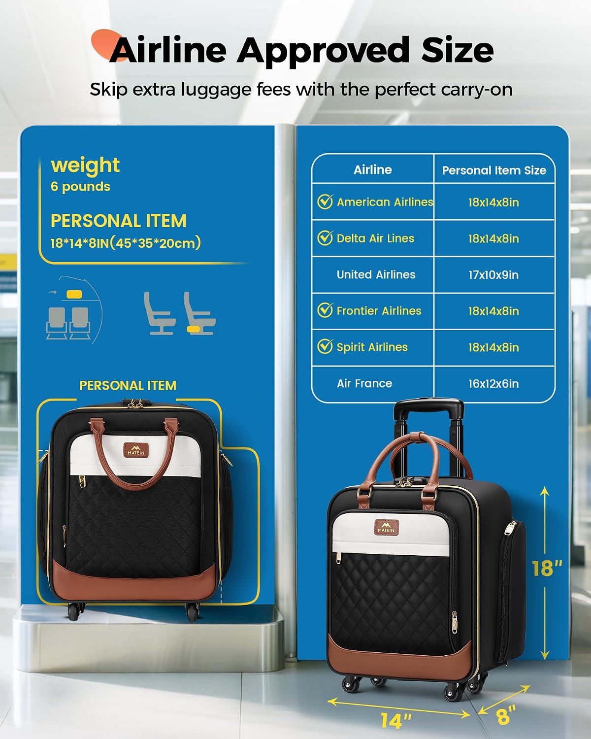 MATEIN - Maleta de mano para debajo del asiento con ruedas, bolsa r...