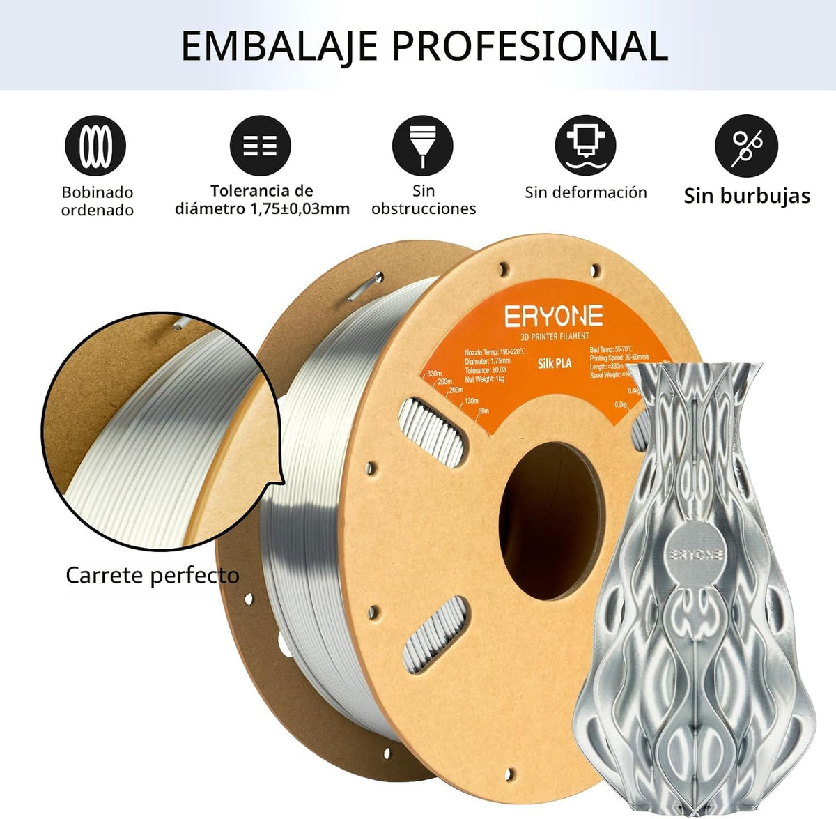 ERYONE Filamento PLA de seda para impresora 3D de 0.069 in +\/- 0.0...