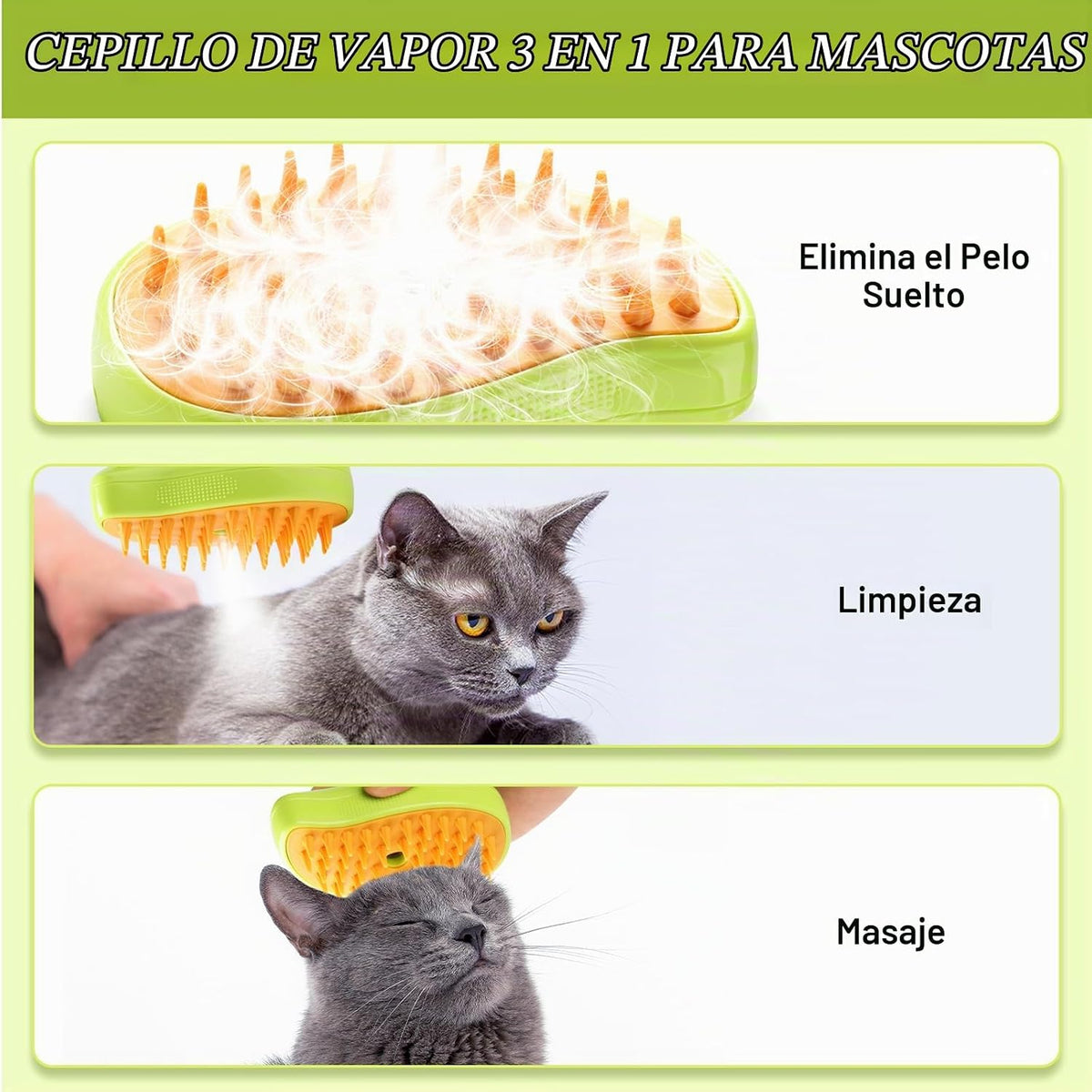 Cepillo de vapor para gatos, 3 en 1, peine de eliminación de pelo d...