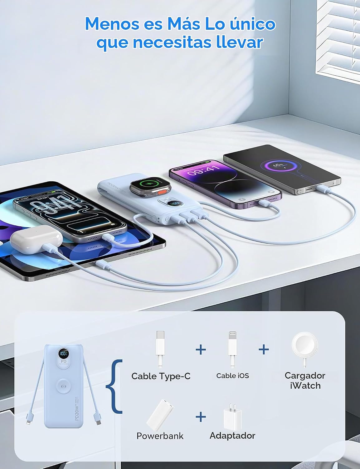 Cargador portátil Power Bank 10000mAh PD20W con cables incorporados...