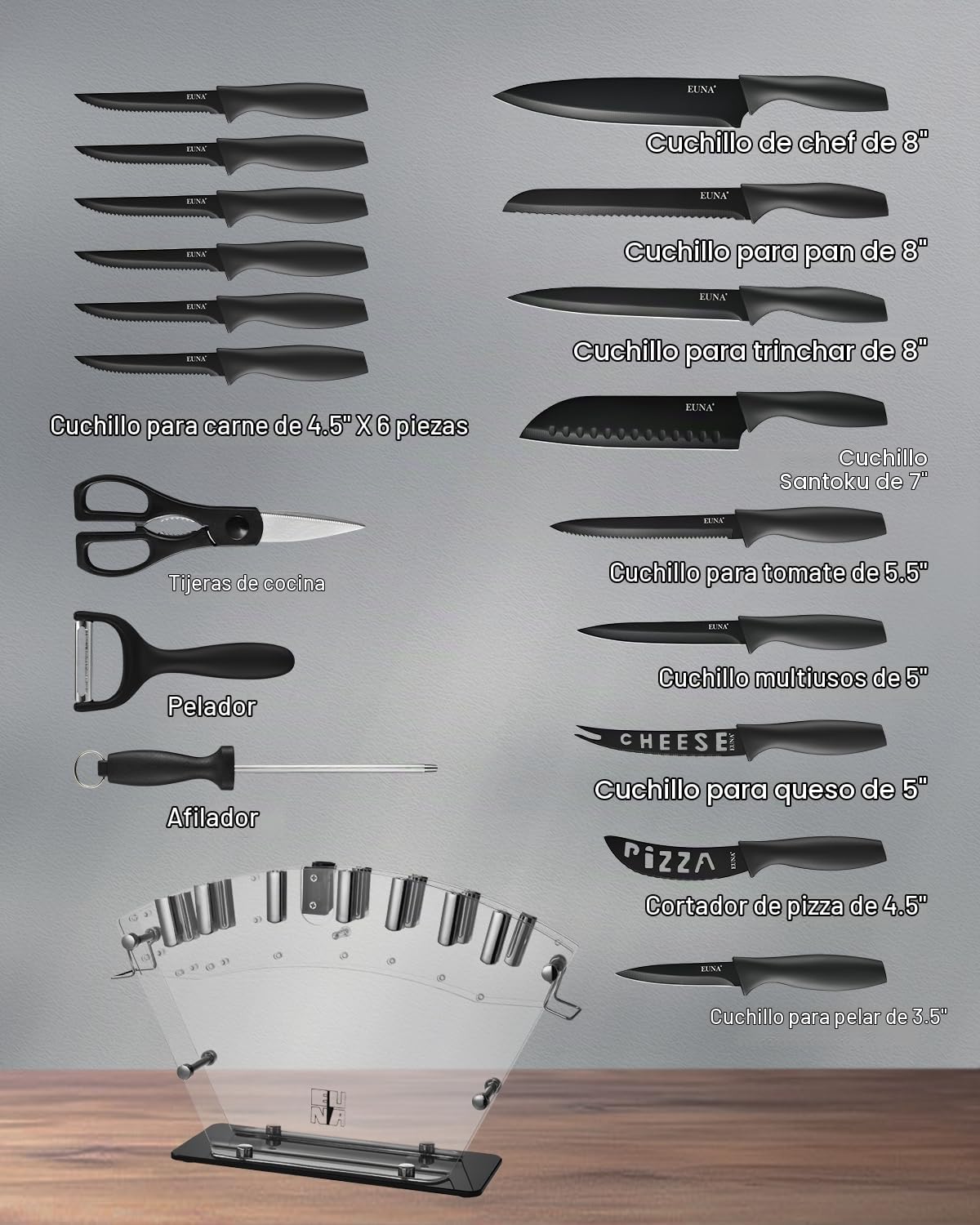 EUNA Juego de cuchillos de cocina, 19 piezas, juego de cuchillos ne...