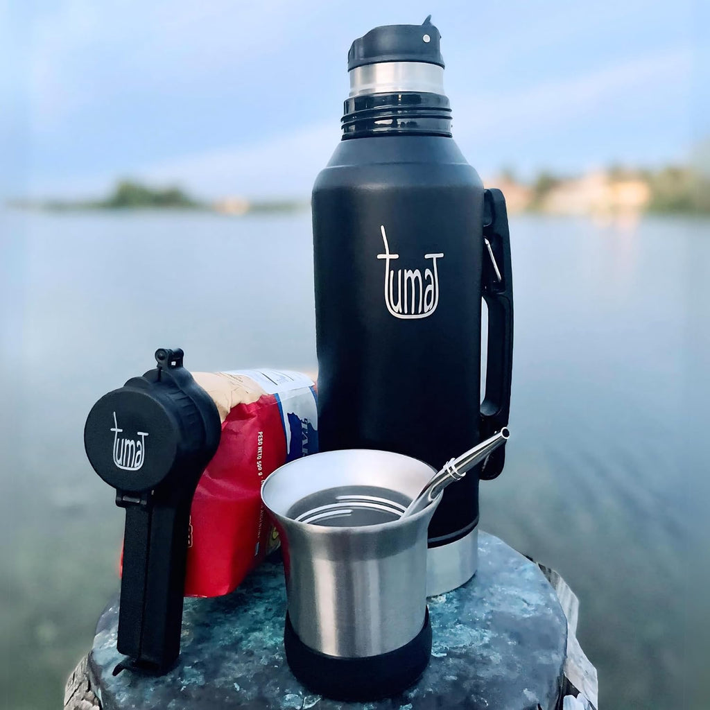 Kit completo de Yerba Mate – Termo de 1.2L con sistema mate, taza, boquilla de clip, pajita (Bombilla) y mochila gratis, juego de acero inoxidable de primera calidad para llevar