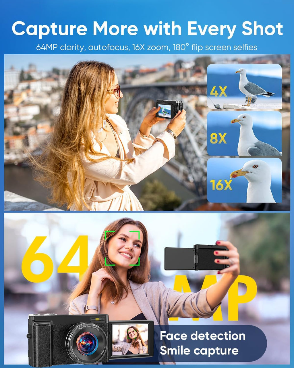 Cámara digital 4K mejorada 2026 de 64 MP WiFi con pantalla abatible...