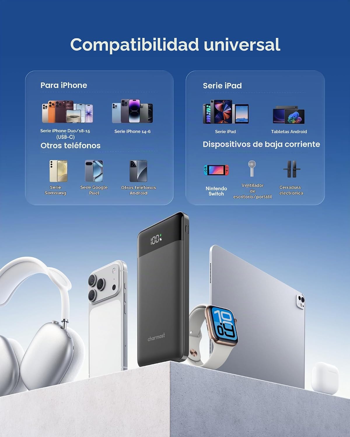 charmast Cargador portátil de carga rápida, 4 cables incorporados,...
