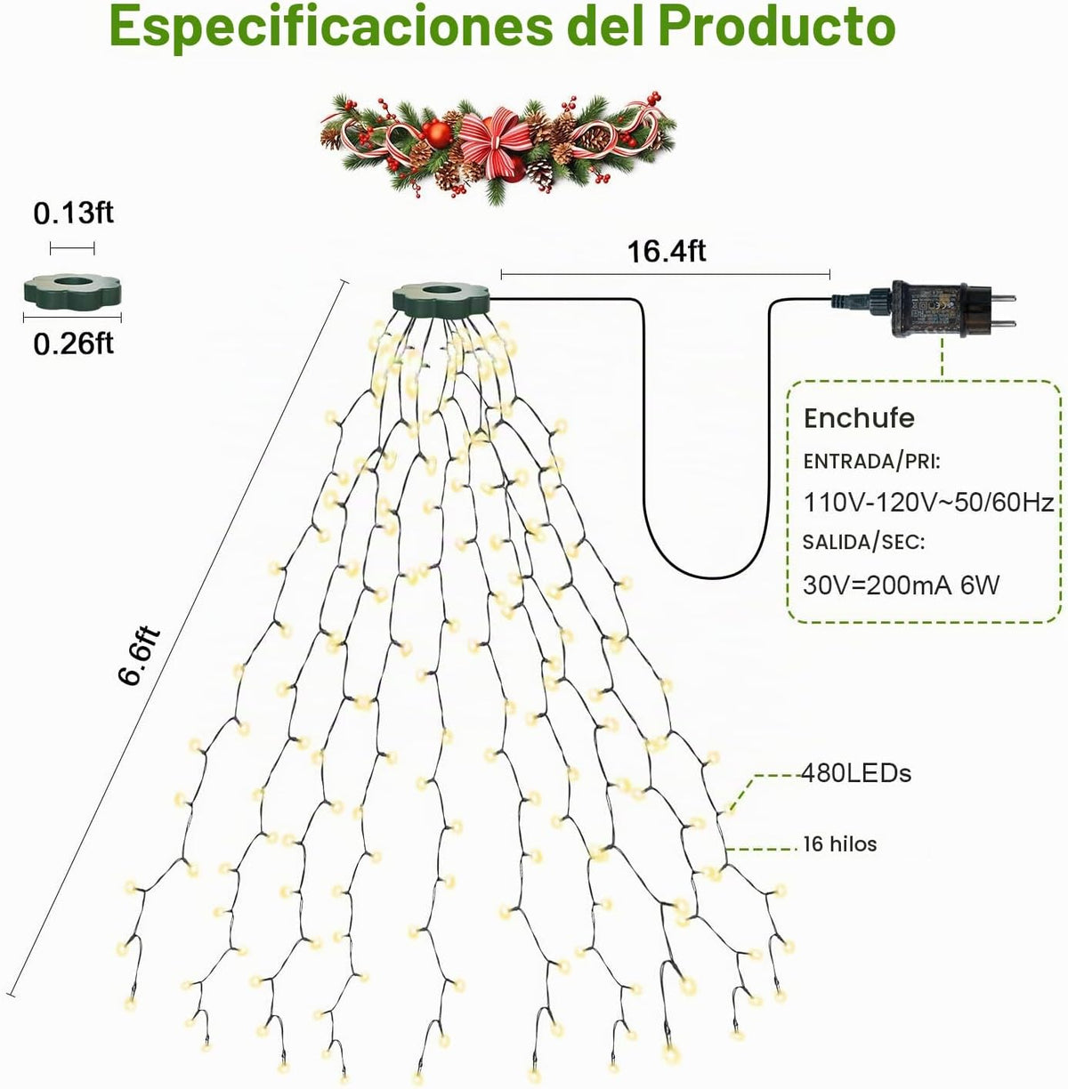 Luces de árbol de Navidad con anillo, 6.6 pies, 16 líneas, 480 luce...