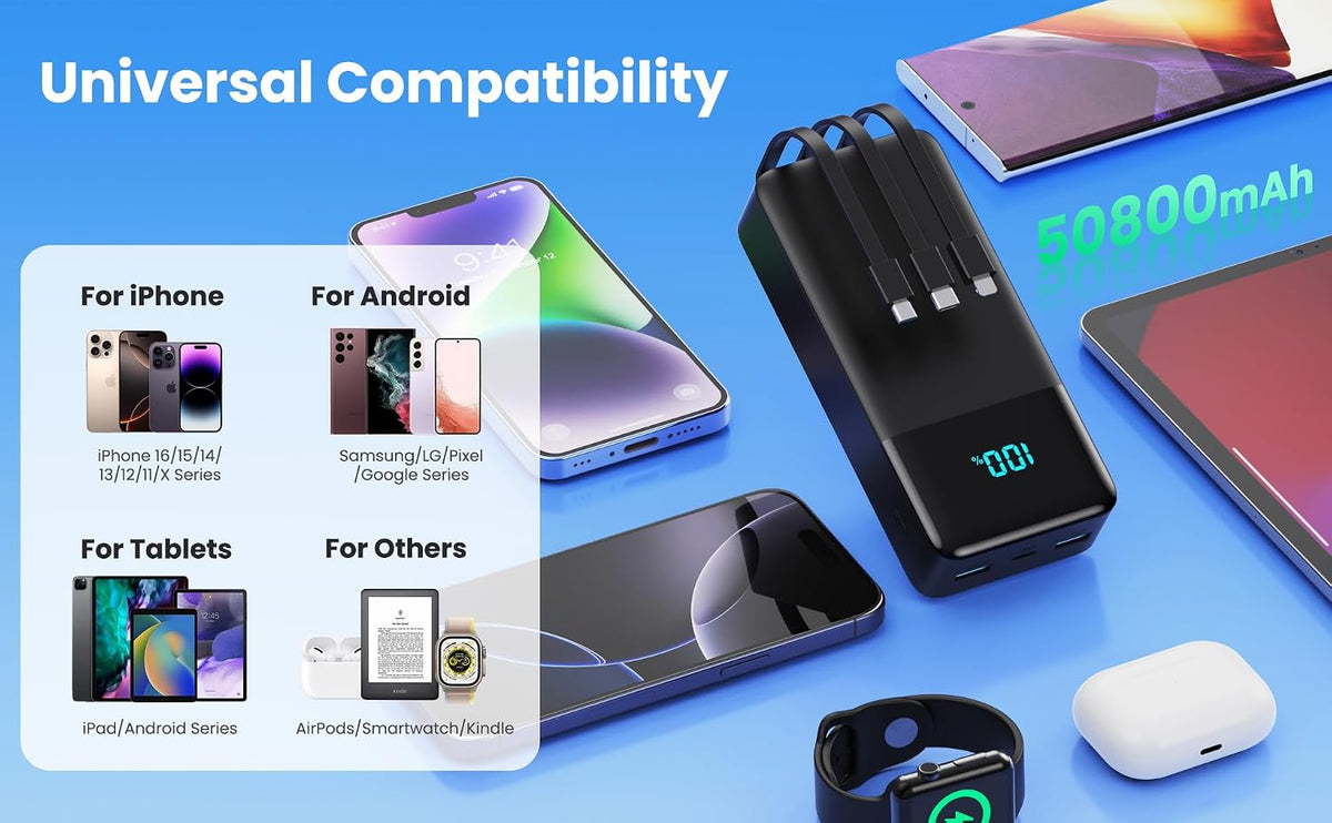 Cargador portátil de 50800 mAh con 3 cables integrados, 25 W PD QC4...