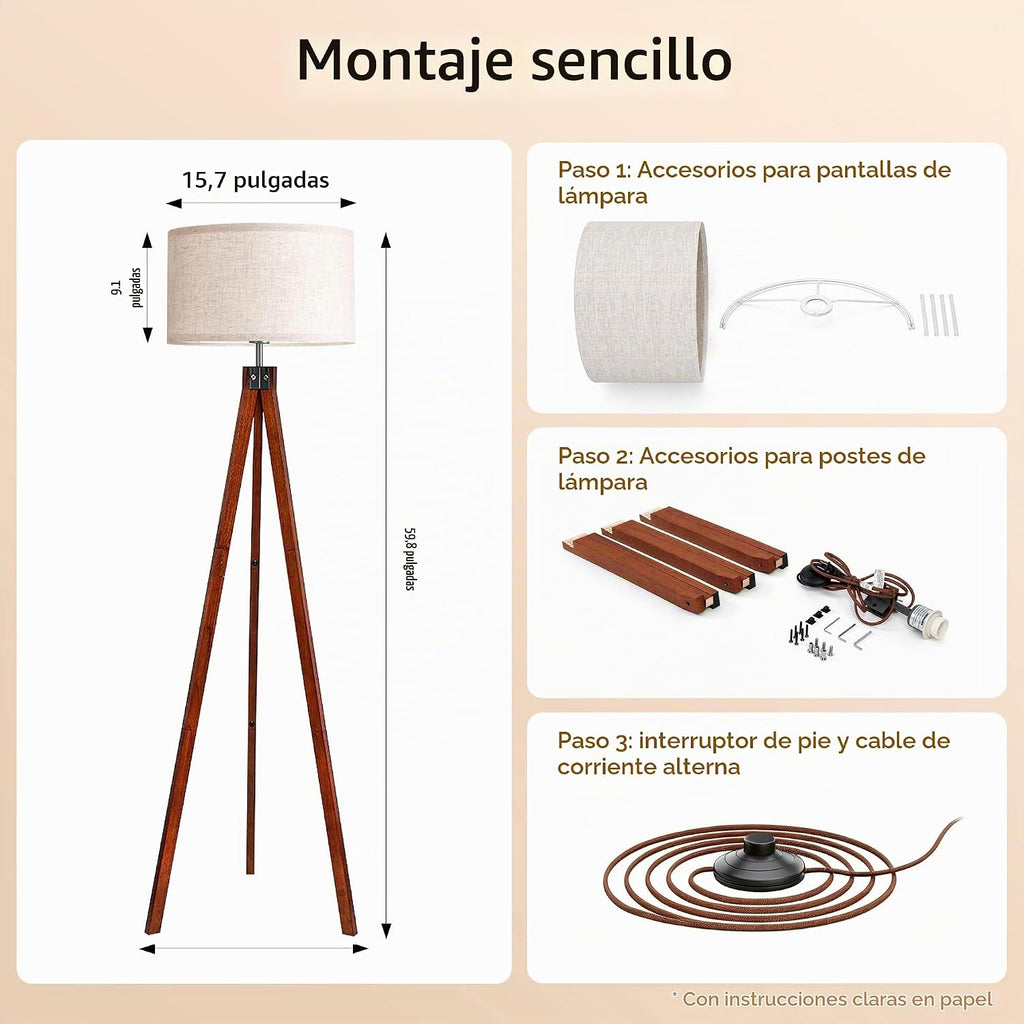 LEPOWER Lámpara de pie trípode de madera, lámpara de pie de mediado...