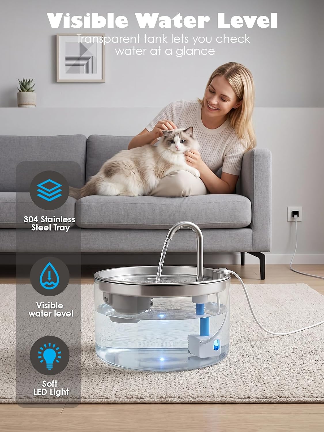 Fuente de agua de cristal para gatos, 95oz\/2.8L, apta para lavavaj...