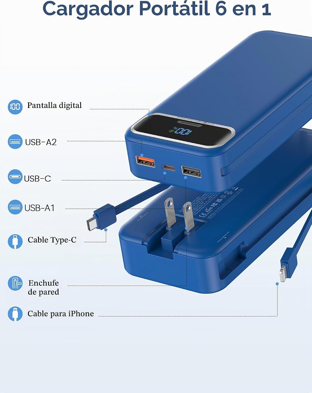 aonidi Cargador portátil de 20000 mAh con cables integrados y enchu...