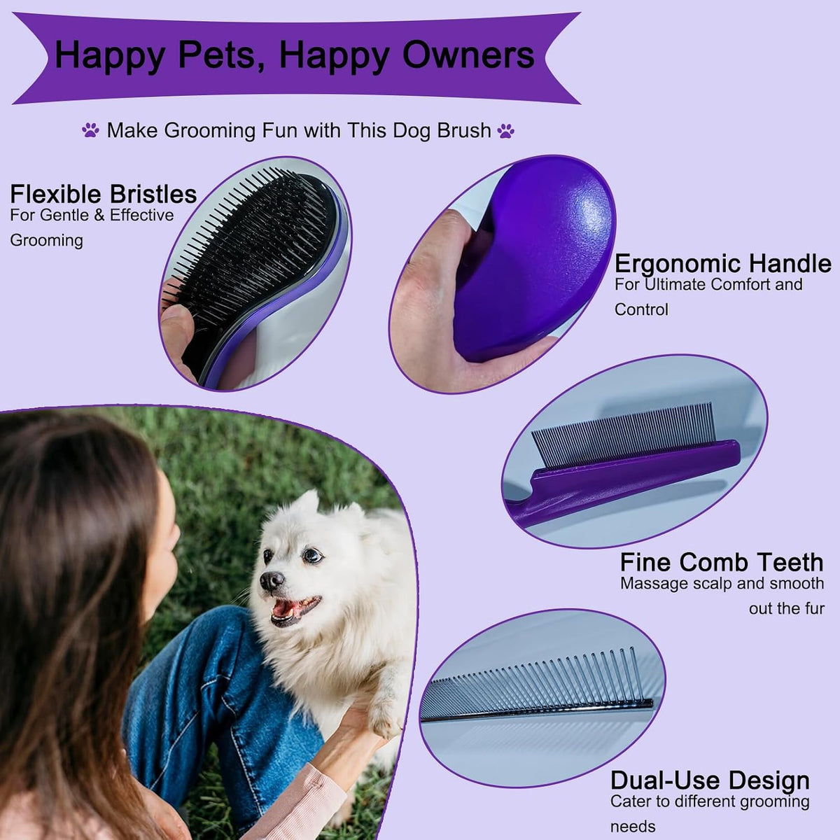 MAEELOU Kit de aseo de cepillo para cachorros de 3 piezas (morado o...