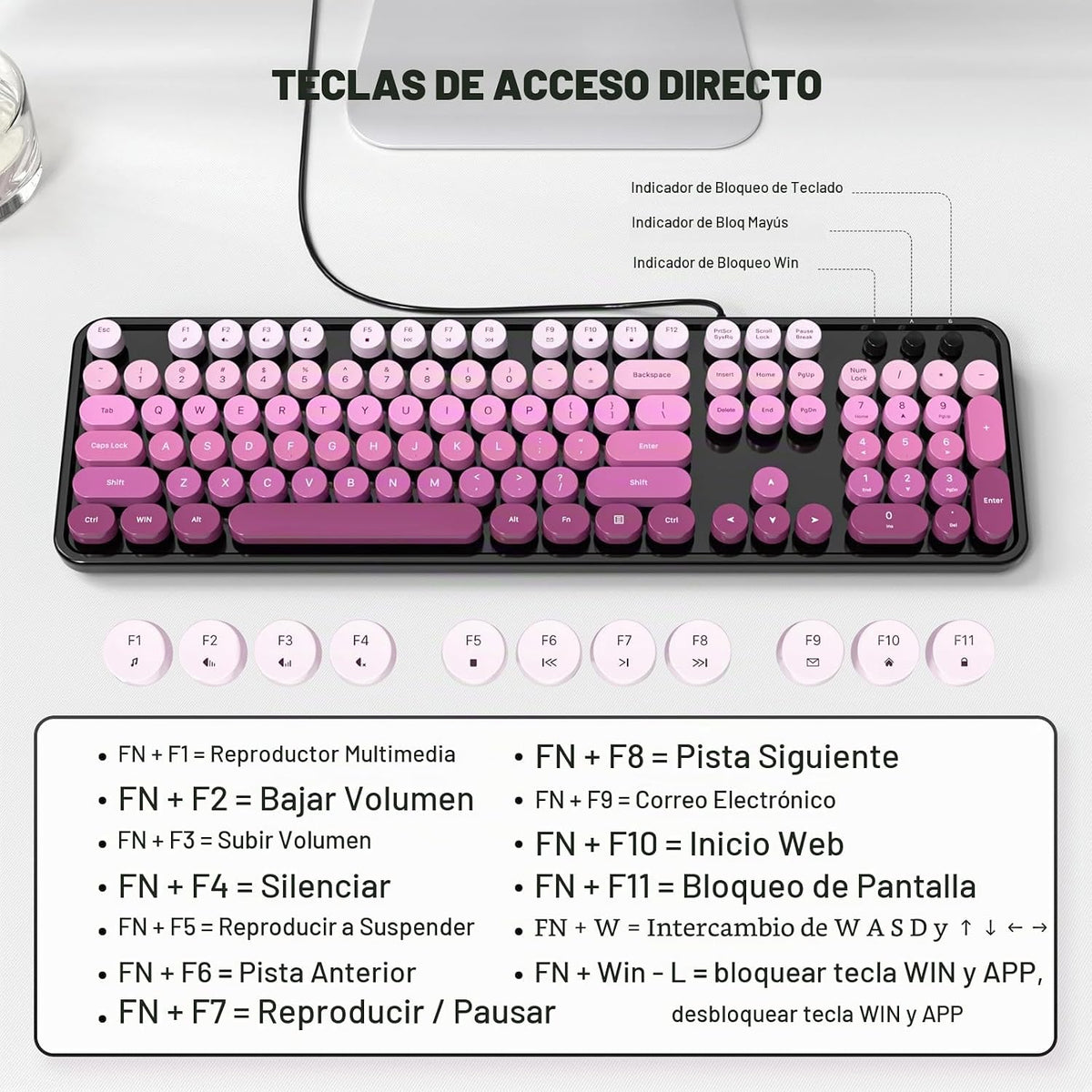 MOWUX - Teclado de computadora con cable, teclado USB retro redondo...