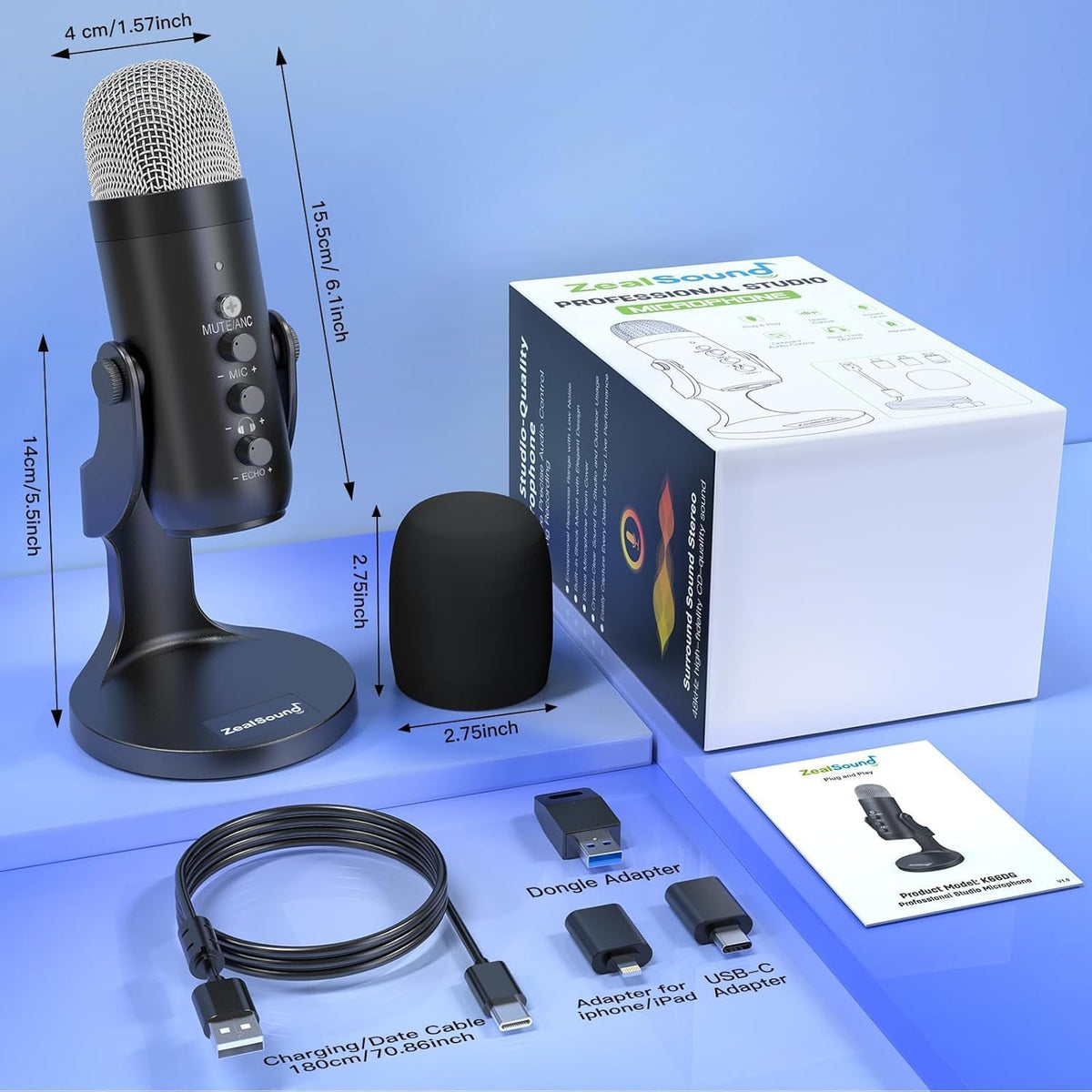 Micrófono inalámbrico ZealSound para PC, iPhone, iPad y Android, mi...