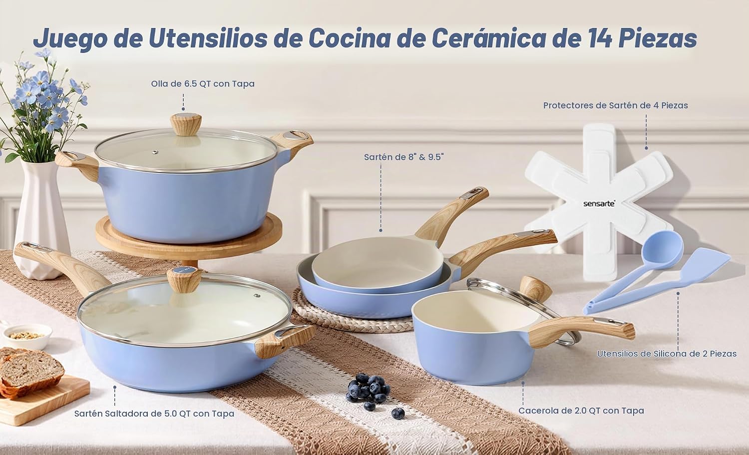 SENSARTE Juego de ollas y sartenes de cerámica antiadherentes, jueg...