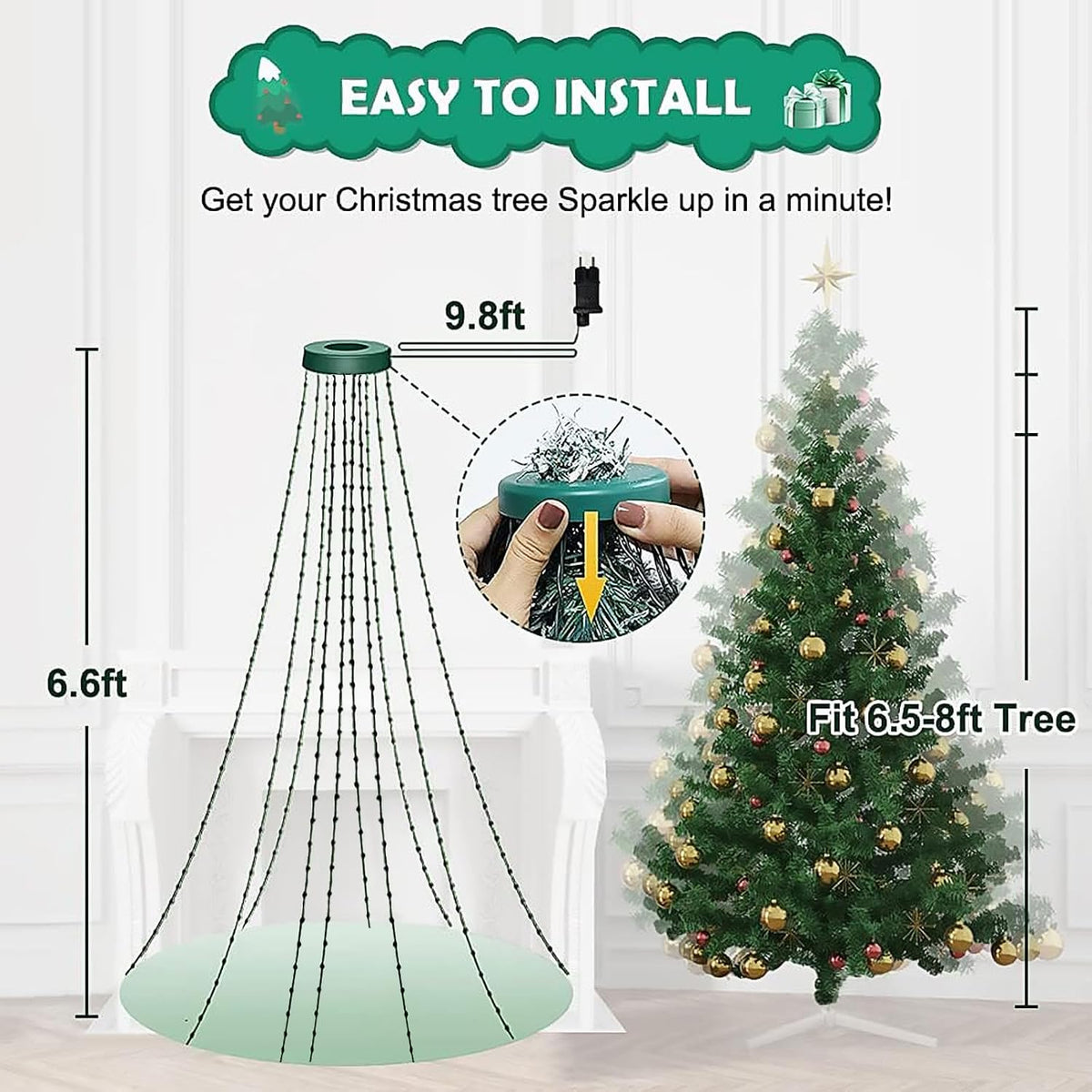 Cadena de luces para árbol de Navidad con anillo, control remoto in...