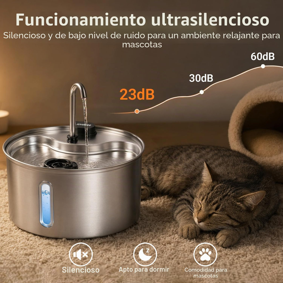 SOVELIVEE Fuente de agua para gatos, fuente para gatos de acero ino...