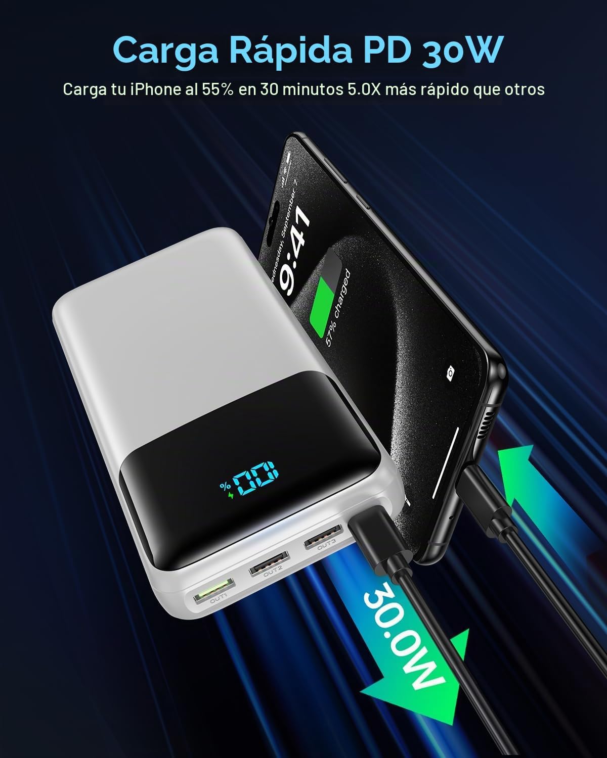 Cargador portátil Power Bank 50000mAh, PD 30W y QC 4.0 Carga rápida...