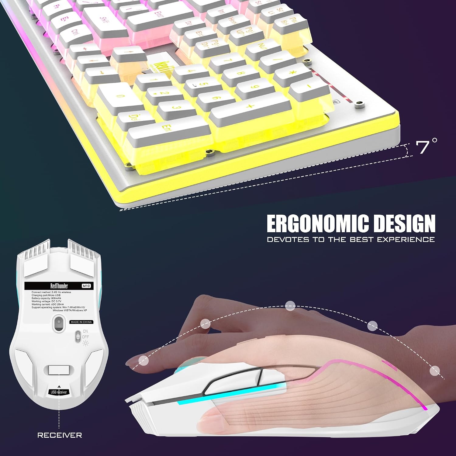 RedThunder K10 Combo de teclado y mouse inalámbricos para juegos, b...