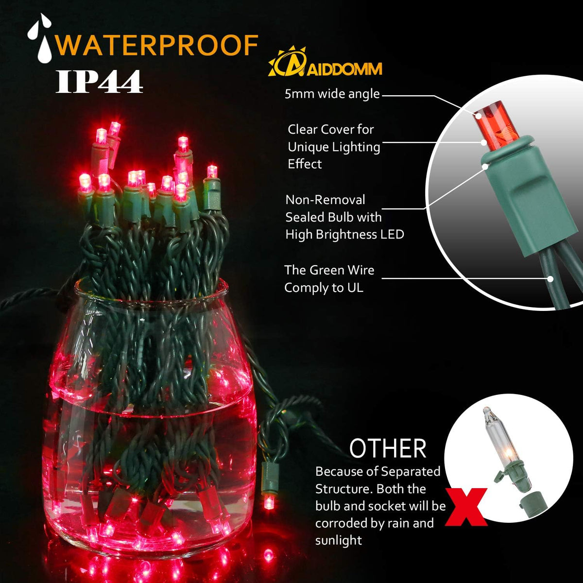 Aiddomm 100 unidades de luces LED de Navidad - 50 pies 5mm rojo gra...