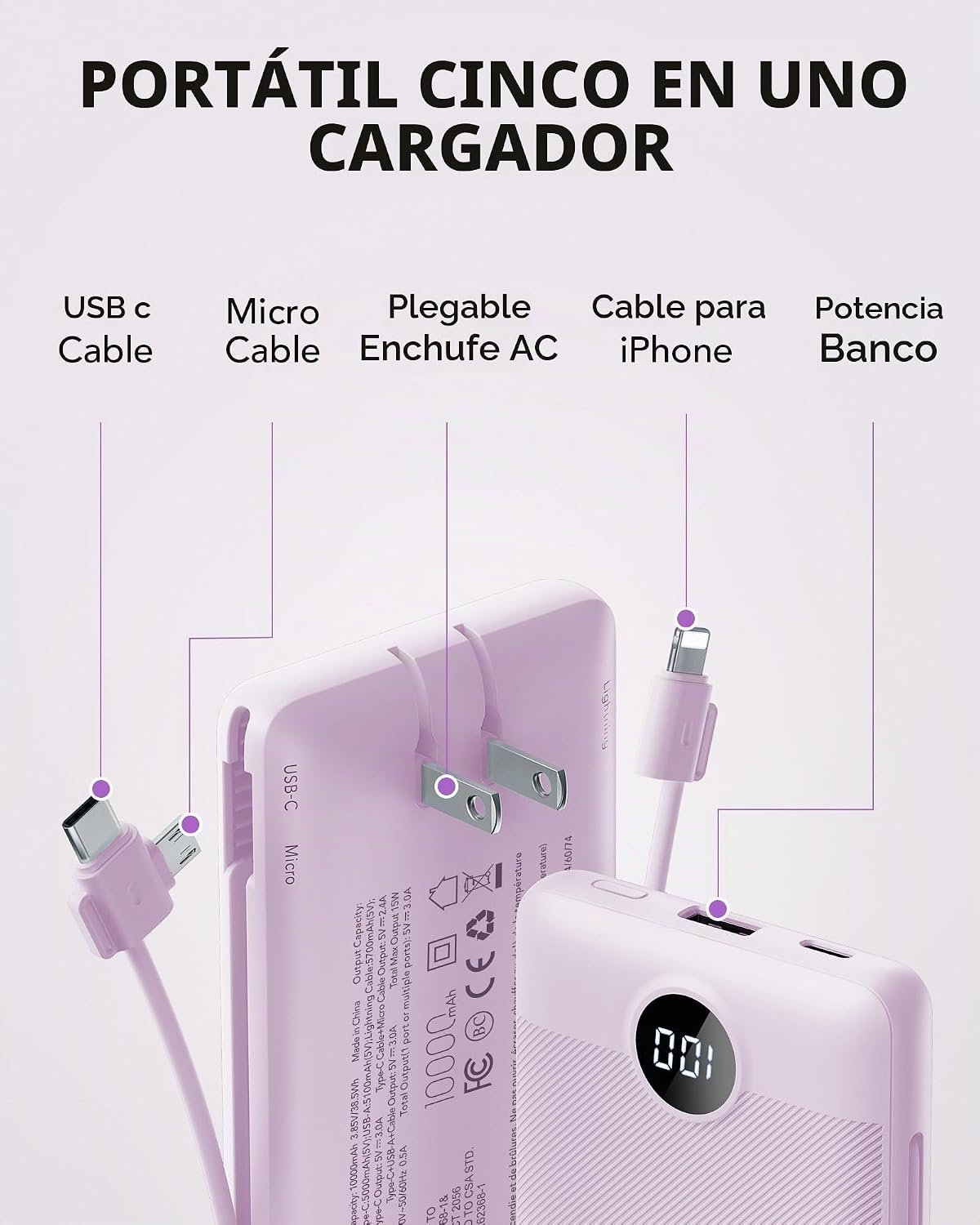 VRURC Cargador portátil, cables integrados en el banco de energía y...