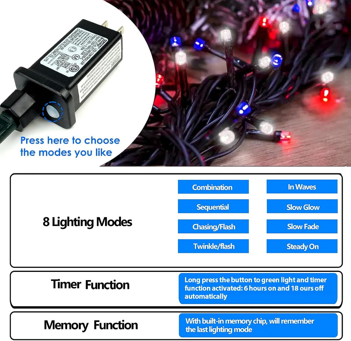 Guirnalda de 200 luces LED, rojo, blanco y azul, exterior, interior...