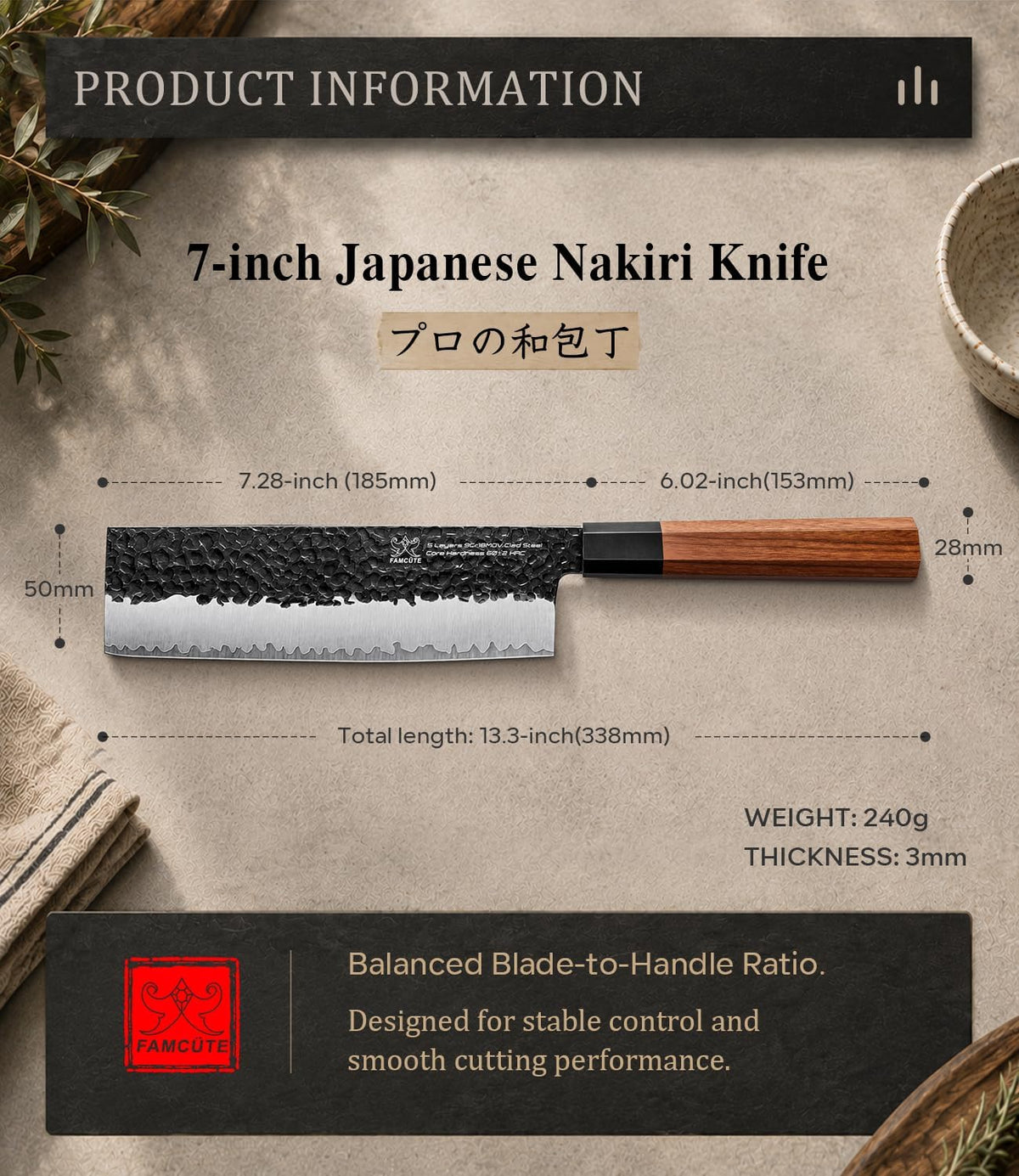 FAMCÜTE Cuchillo japonés Nakiri de 7 pulgadas, cuchillo de cocina d...