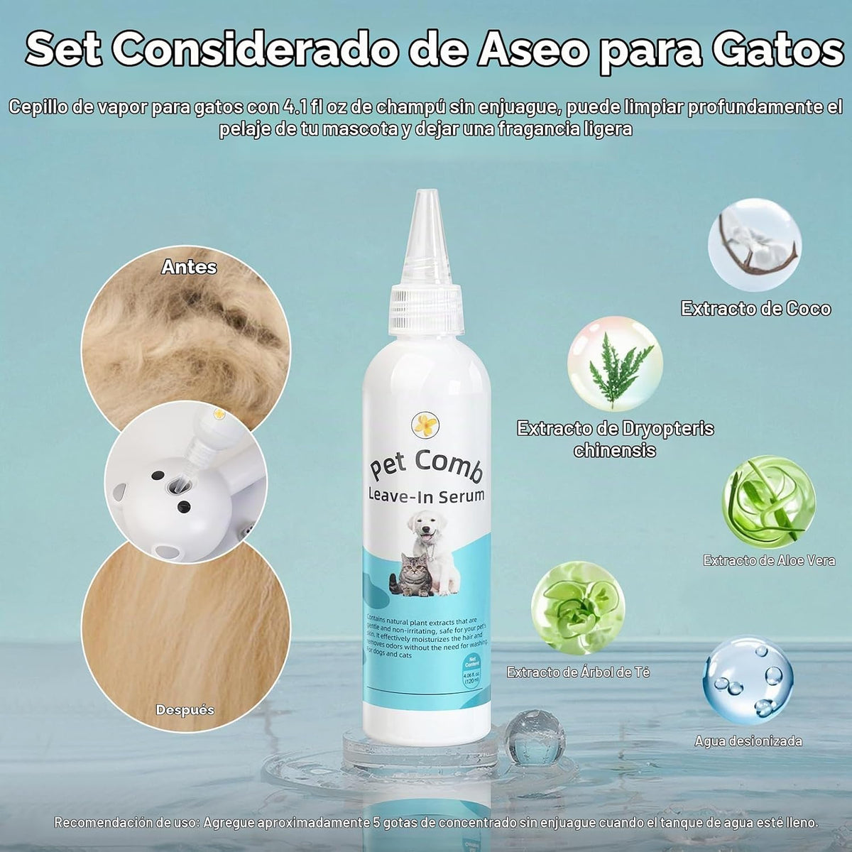 Cepillo de vapor para mascotas autolimpiante para gatos y perros de...