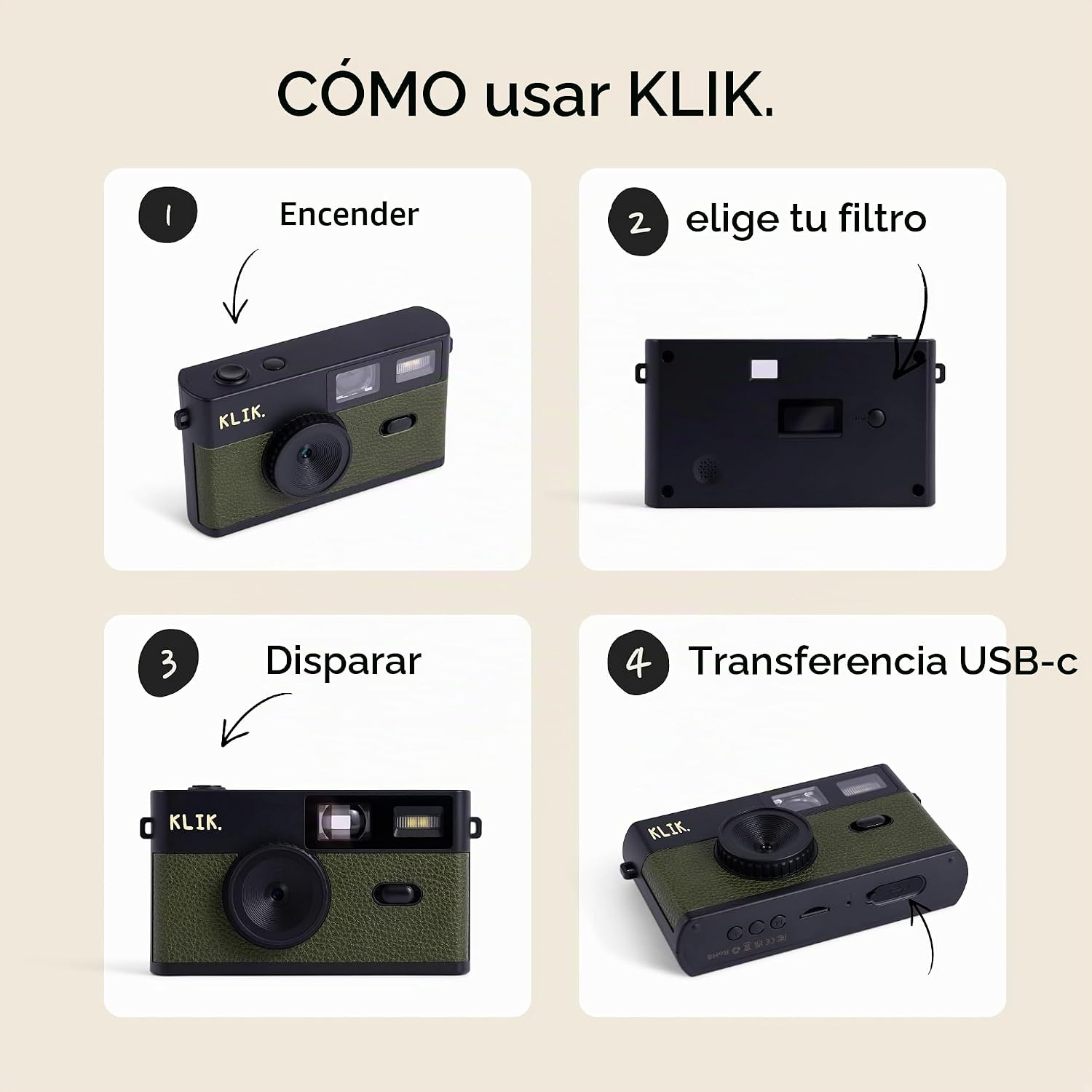 Cámara digital sin pantalla Klik | Mantente presente y captura foto...