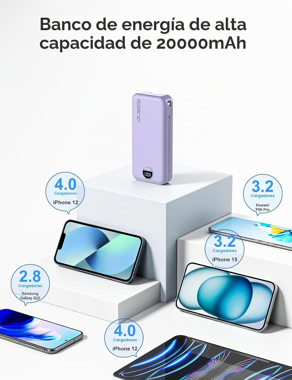 Cargador portátil Power Bank 20000mAh con cables integrados y enchu...