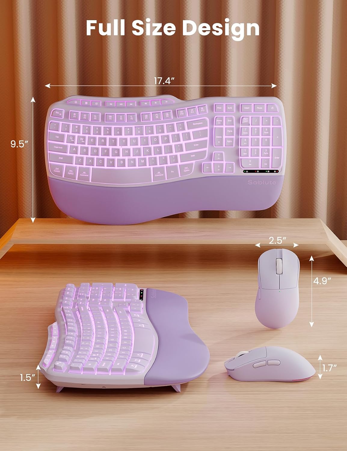 Combo de teclado y mouse inalámbricos ergonómicos morados, teclado...