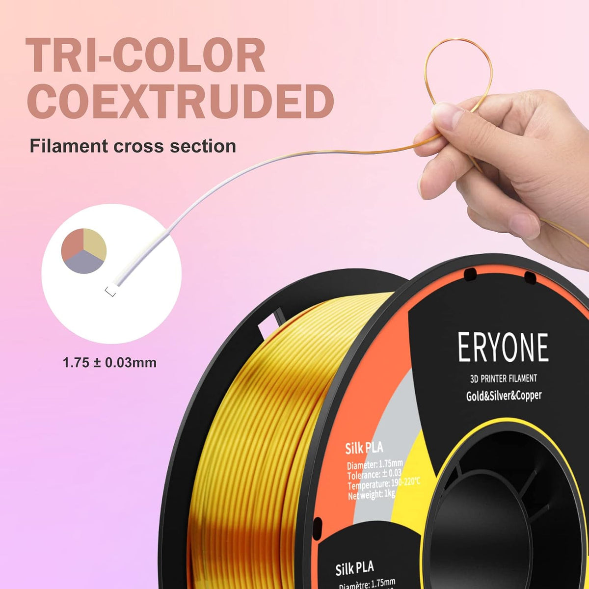 ERYONE Filamento PLA tricolor de seda para impresora 3D de 0.069 in...